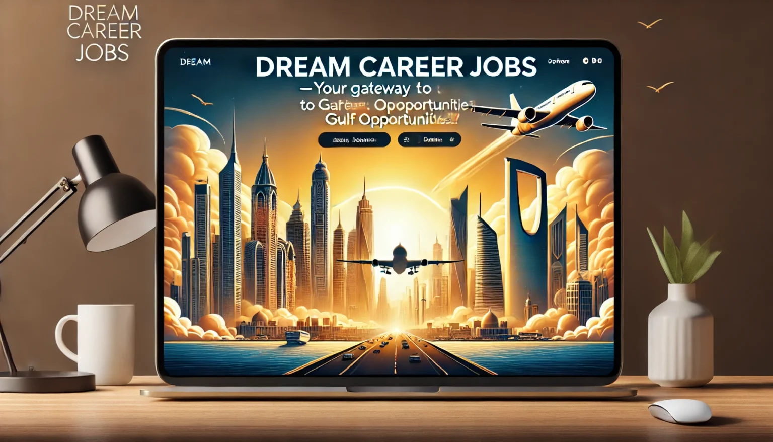 DALL·E 2025-02-13 00.39.39 - A professional website banner featuring the skyline of Dubai, Riyadh, and Doha with a golden sunrise. The text 'Dream Career Jobs – Your Gateway to Gu