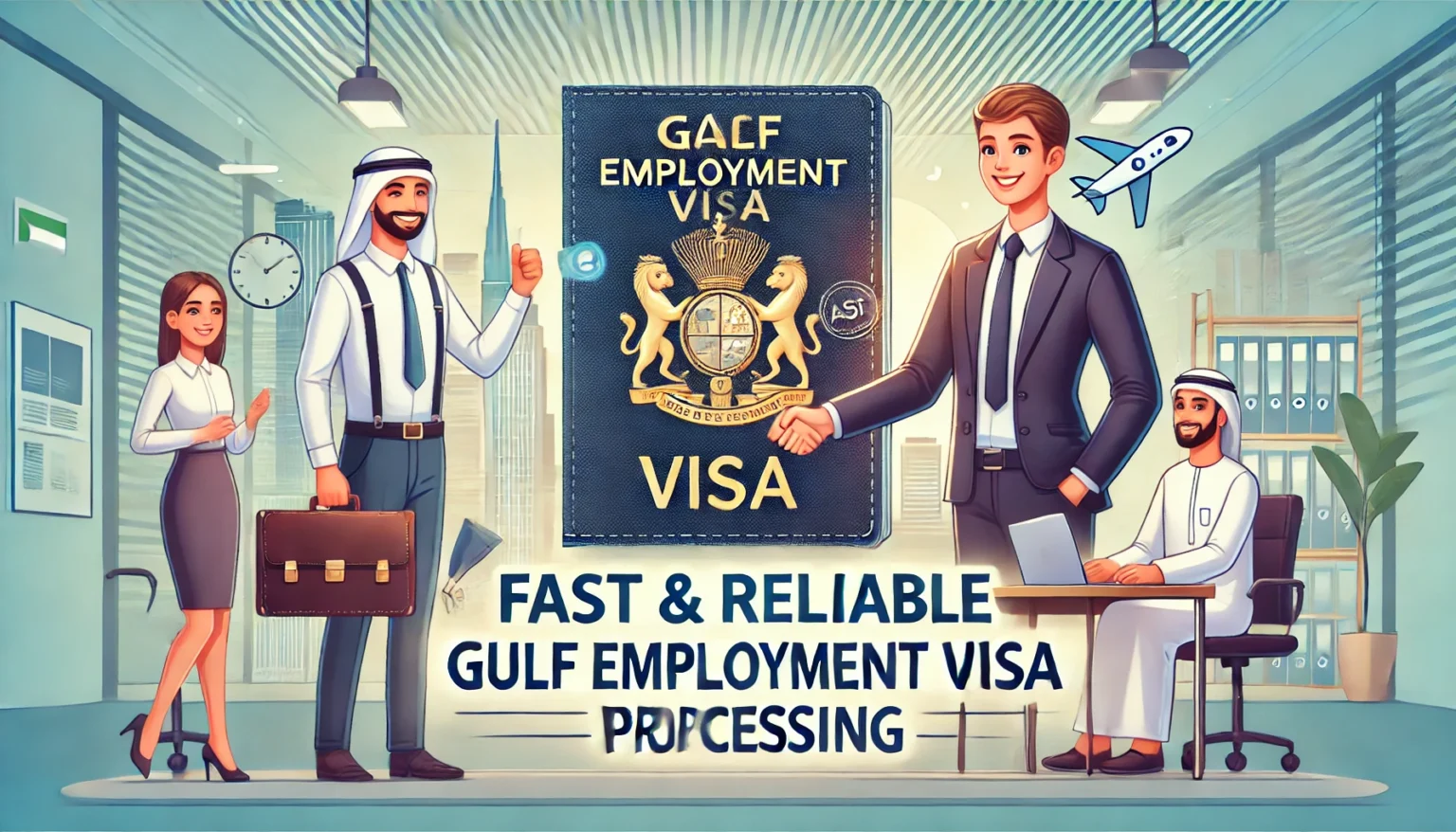 DALL·E 2025-02-13 00.39.44 - A high-quality banner showing a passport with a Gulf employment visa stamp. A happy job seeker is shaking hands with an employer in a modern office se