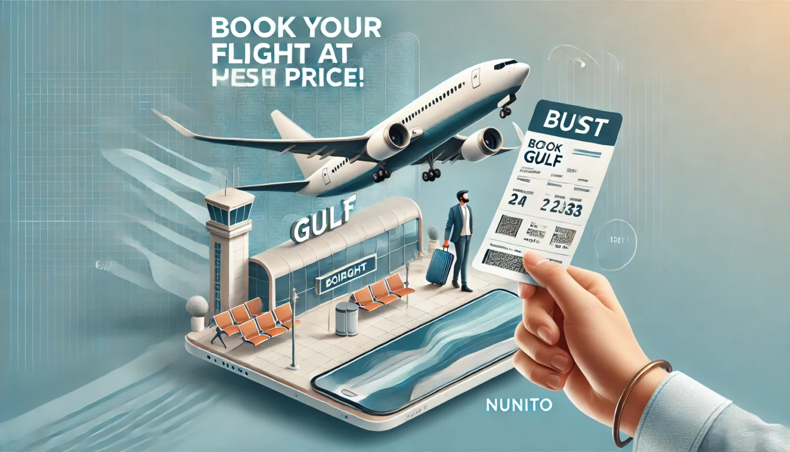 DALL·E 2025-02-13 00.39.52 - A high-engagement travel banner featuring an airplane taking off, with a traveler holding a boarding pass. The background showcases a modern airport w